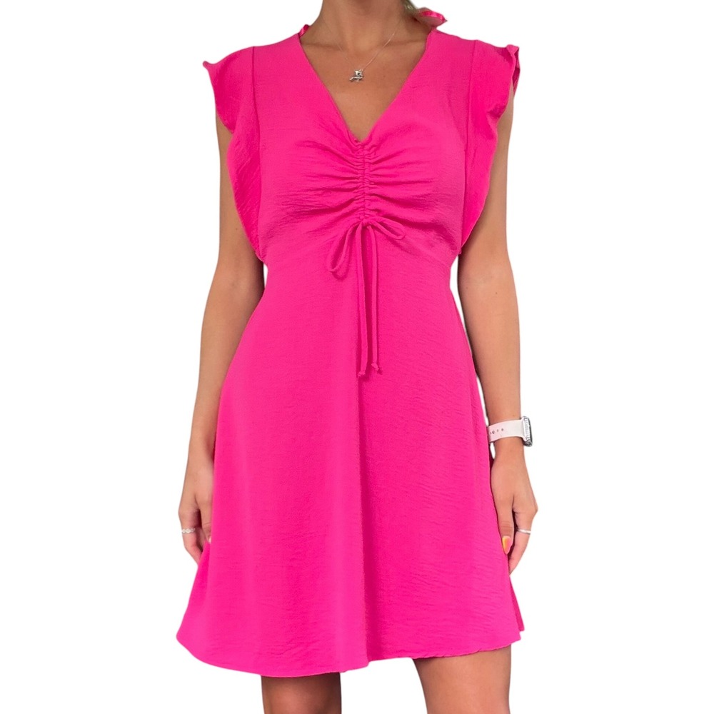 Monteau Los Angeles Women XS Hot Pink Ruched FlutterSleeve Mini Dress Barbiecore - Picture 3 of 13